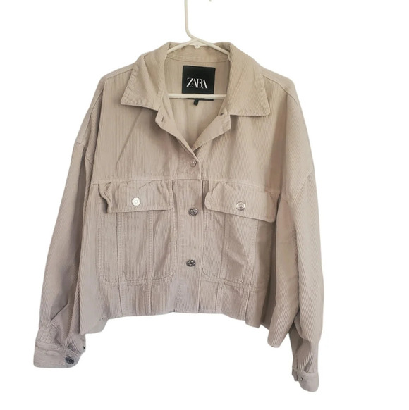 ZARA corduroy distressed cropped cream color loose fit jacket, size small - Picture 1 of 7